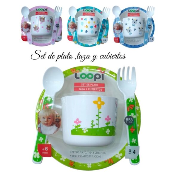 Set de plato, taza y cubiertos