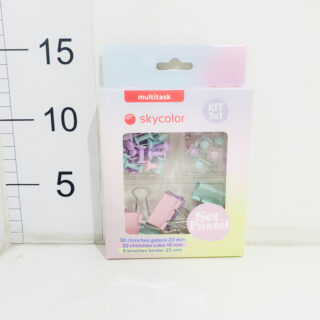 Set Skycolor Pastel 3x1 Chinches Galera + Chinches Cubo + Broche Binder 25mm