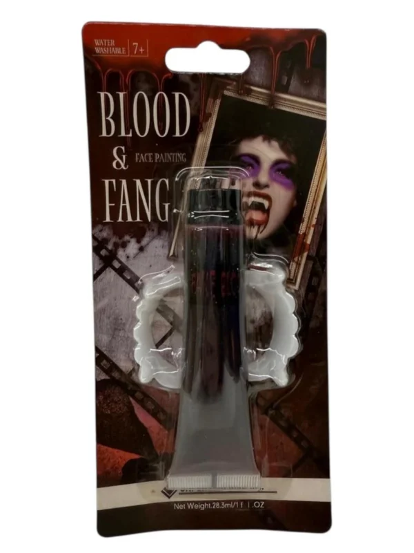 Dientes de vampiro + sangre falsa